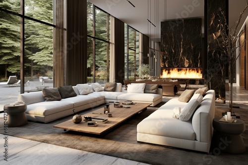 Luxury living room with bright modern interiors in 3D rendering. Generative AI © Idris