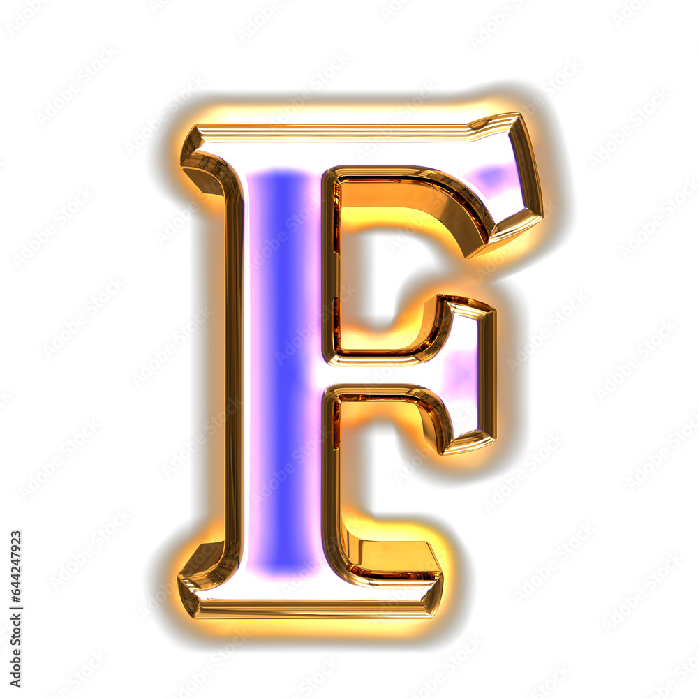 Blue symbol in a golden frame with glow. letter f Blue symbol in a golden frame with glow. letter f