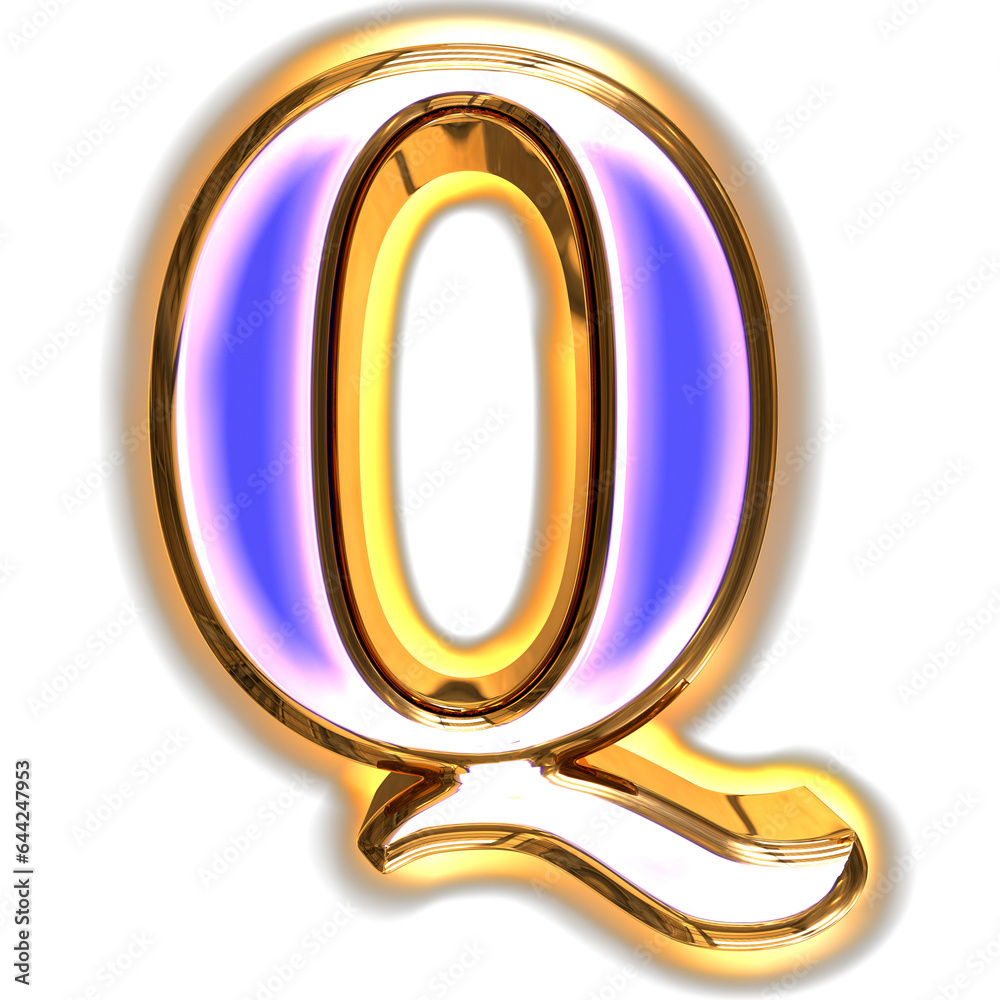 Blue symbol in a golden frame with glow. letter q Blue symbol in a golden frame with glow. letter q
