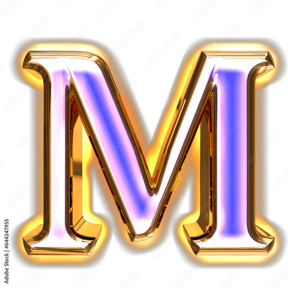 Blue symbol in a golden frame with glow. letter m Blue symbol in a golden frame with glow. letter m