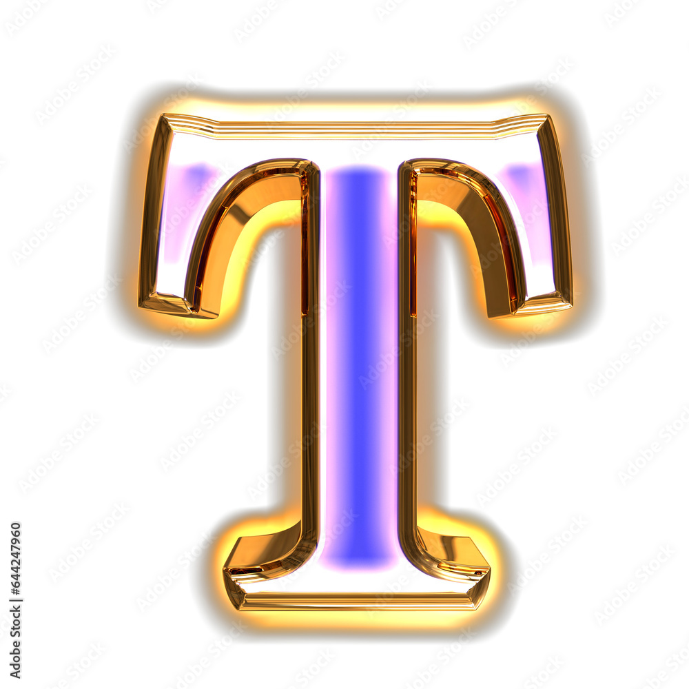 Blue symbol in a golden frame with glow. letter t Blue symbol in a golden frame with glow. letter t