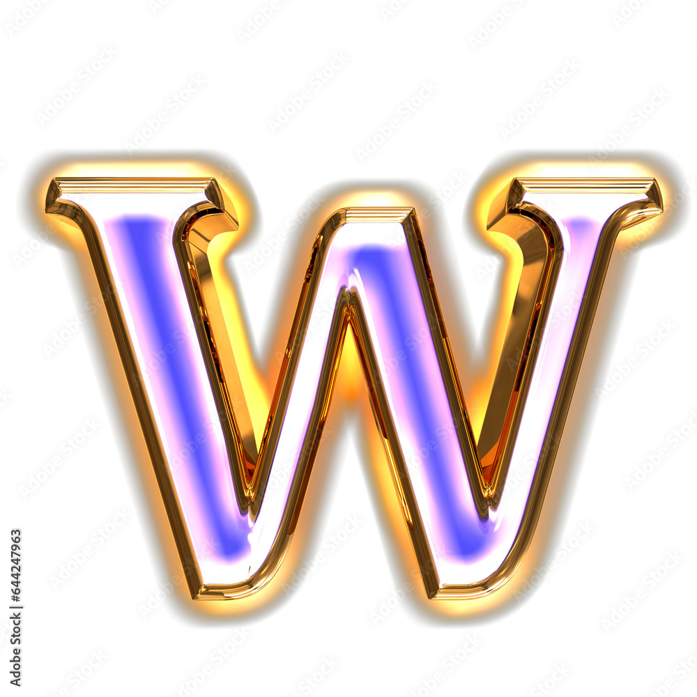Blue symbol in a golden frame with glow. letter w Blue symbol in a golden frame with glow. letter w