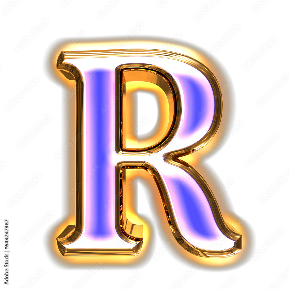 Blue symbol in a golden frame with glow. letter r