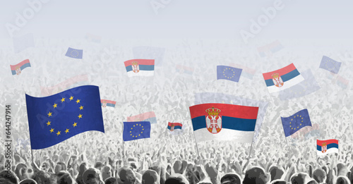 Crowd with flag of European Union and Serbia, people of Serbia with flag of EU.