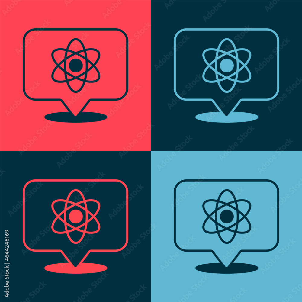 Pop art Atom icon isolated on color background. Symbol of science, education, nuclear physics, scientific research. Vector Pop art Atom icon isolated on color background. Symbol of science, education, nuclear physics, scientific research. Vector