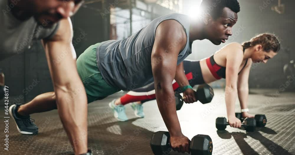 Gym group, dumbbell and rowing exercise for power, muscle challenge and action in workout class. Serious black man, strong bodybuilder and push up with heavy weights for fitness of healthy training