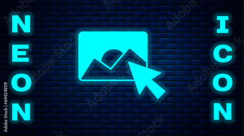 Glowing neon Photo retouching icon isolated on brick wall background. Photographer, photography, retouch icon. Vector