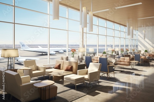 A contemporary airport lounge with ample seats and a view of planes. Generative AI