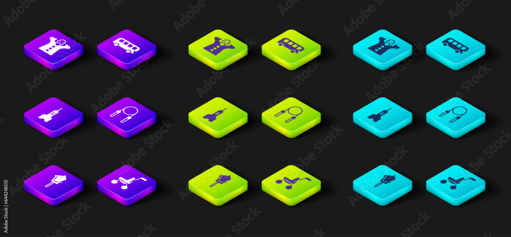 Set Toy horse, Baby stroller, Dart arrow, Jump rope, Bus toy and puppet doll on hand icon. Vector