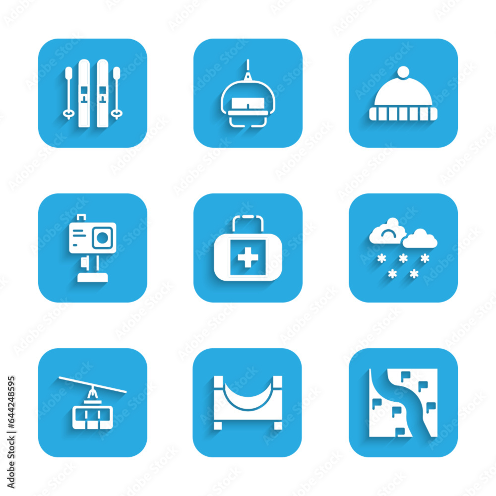 Set First aid kit, Skate park, Route location, Cloud with snow, Cable car, Action camera, Winter hat and Ski and sticks icon. Vector Set First aid kit, Skate park, Route location, Cloud with snow, Cable car, Action camera, Winter hat and Ski and sticks icon. Vector