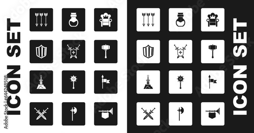 Set Medieval throne, shield with swords, Shield, Crossed arrows, Hammer, Poison in bottle, spear and Sword the stone icon. Vector