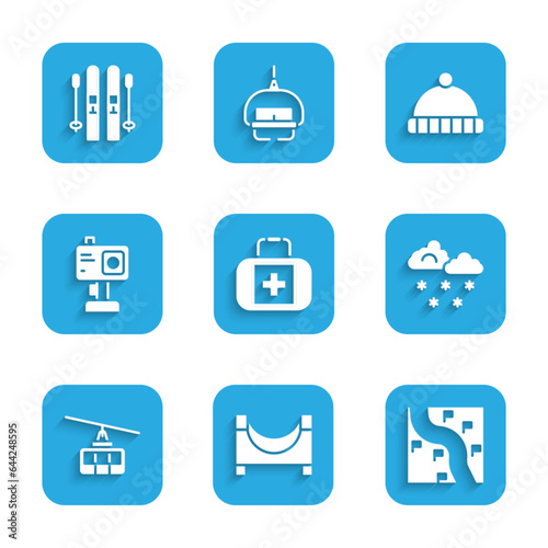 Set First aid kit, Skate park, Route location, Cloud with snow, Cable car, Action camera, Winter hat and Ski and sticks icon. Vector