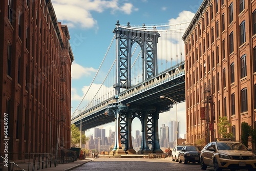 View of Manhattan Bridge, connecting Manhattan and Brooklyn, over the East River. Seen from a narrow alley in Dumbo, Brooklyn on a sunny day. Generative AI