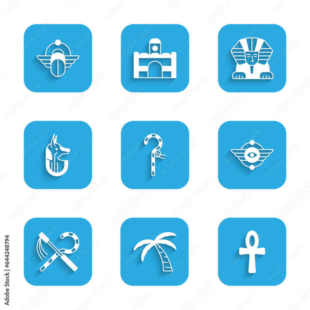 Set Crook, Tropical palm tree, Cross ankh, Egyptian symbol Winged sun, and flail, anubis, Sphinx and Scarab icon. Vector Set Crook, Tropical palm tree, Cross ankh, Egyptian symbol Winged sun, and flail, anubis, Sphinx and Scarab icon. Vector
