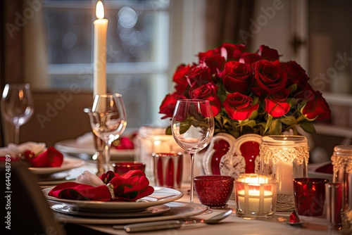 Valentines day table place setting in cafe. Romantic invitation to restaurant. Time together. Generative AI.