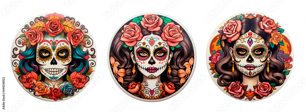 Day of the Dead Catrina rounded pins on white transparent background Day of the Dead Catrina rounded pins on white transparent background