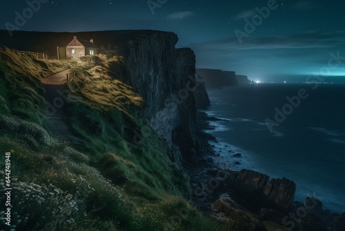 Nighttime Irish seascape with shore, cliffs, house, and path. Generative AI