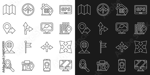 Set line Monitor with location marker  Road traffic sign  Location house  Folded map and icon. Vector