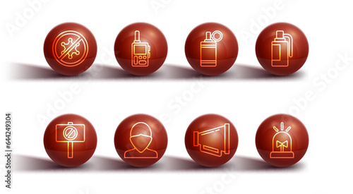 Set line Protest, Hand grenade, Megaphone, Vandal, Walkie talkie, Flasher siren and icon. Vector