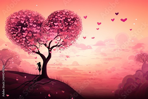 Valentine's Day background with a silhouette of a girl near a tree with red hearts. Falling in love concept. romantic love story. Generative AI. © svetlana_cherruty