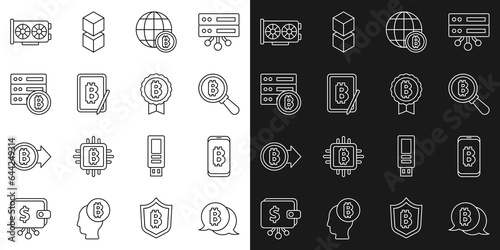 Set line Bitcoin, Mining bitcoin from mobile, Magnifying glass with, Globe, tablet, Server, Video graphic card and icon. Vector