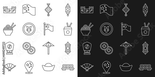 Set line Sushi on cutting board, Chinese paper lantern, Noodles box and chopsticks, Yuan currency, Asian noodles bowl, Great wall of China and flag flagpole icon. Vector