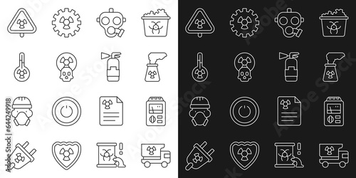 Set line Truck with radiation materials, Dosimeter, Nuclear power plant, Gas mask, Radioactive, Meteorology thermometer, Triangle and Fire extinguisher icon. Vector