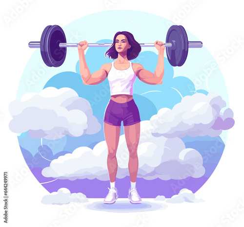 Young girl gym exercise sport athlete vector illustration. Training performance gym . Championship workout beautiful character. Women with barbell, sky background, flat vector