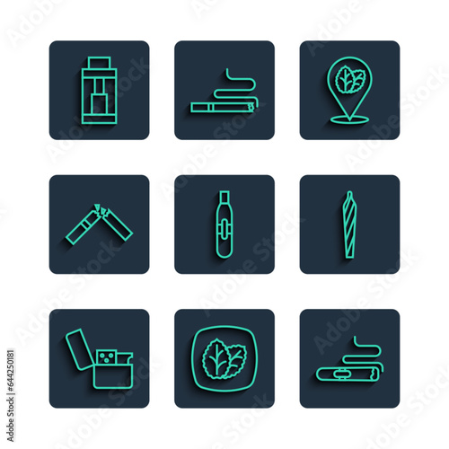 Set line Lighter, Tobacco leaf, Cigar, Electronic cigarette, Broken, Vape mod device and Marijuana joint, spliff icon. Vector