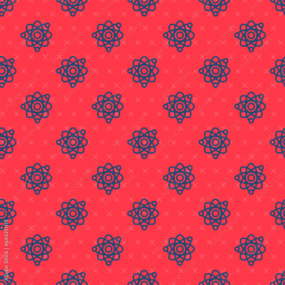Obraz premium Blue line Atom icon isolated seamless pattern on red background. Symbol of science, education, nuclear physics, scientific research. Vector