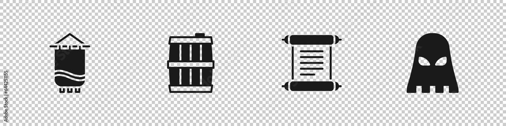 Set Medieval flag, Wooden barrel, Decree, parchment, scroll and Executioner mask icon. Vector Set Medieval flag, Wooden barrel, Decree, parchment, scroll and Executioner mask icon. Vector
