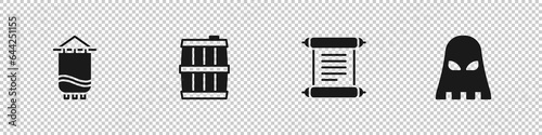 Set Medieval flag, Wooden barrel, Decree, parchment, scroll and Executioner mask icon. Vector