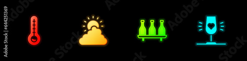 Set Meteorology thermometer, Sun and cloud weather, Bottle of wine and Wine glass icon. Vector