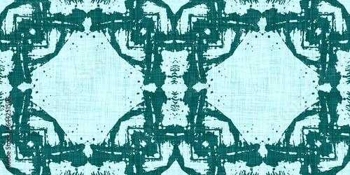 Teal green white vibrant watercolor batik azulejos tile border banner background. Seamless aqua coastal blur linen effect geometric mosaic effect.Boho Patchwork nautical masculine summer ribbon trim. 