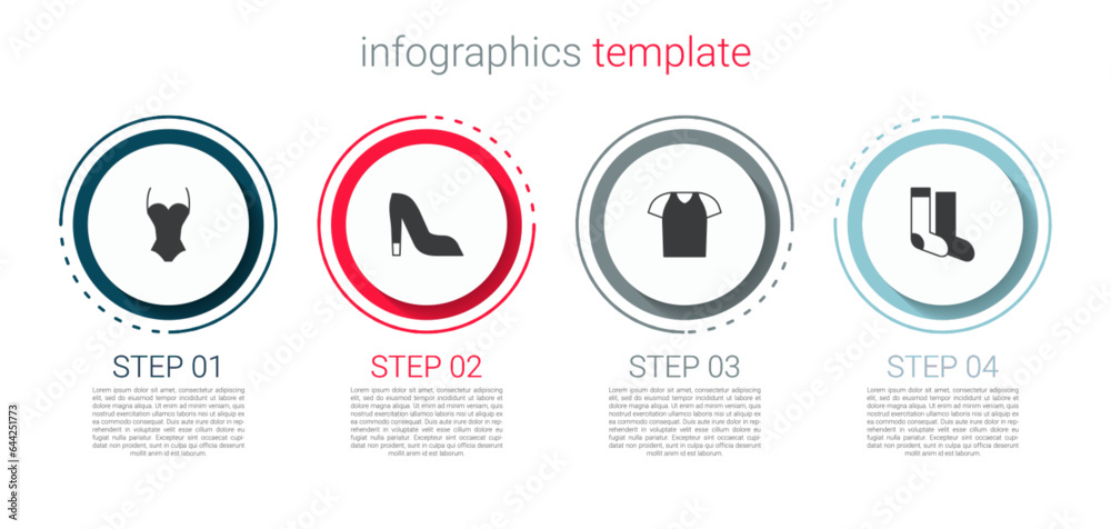 Set Swimsuit, Woman shoe, T-shirt and Socks. Business infographic template. Vector Set Swimsuit, Woman shoe, T-shirt and Socks. Business infographic template. Vector