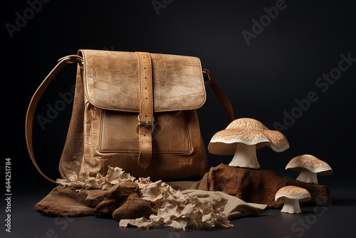 Eco bio-gradable vegan bag made of mycelium leather, bio based sustainable alternative to leather made of mushroom spores and plant fibres Mushroom textile innovative materials leather