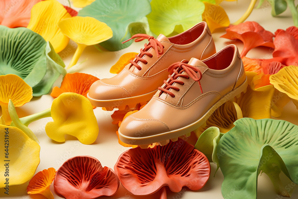 Vegan leather shoes from mushroom mycelium. samples of vegan bio