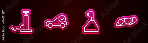 Set line Car air pump, Auto service check automotive, Gear shifter and headlight. Glowing neon icon. Vector