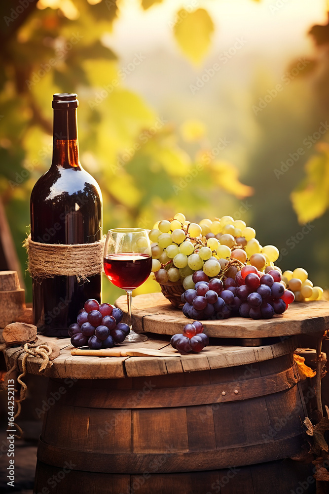 Bottles And Wineglasses With Grapes And Barrel In Rural Scene. High quality photo