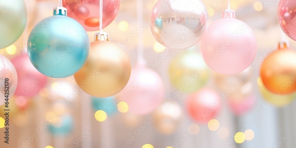 Christmas decorated balls hanging on a ribbon. Merry Christmas and Happy new year. Festive background with xmas decoration balls
