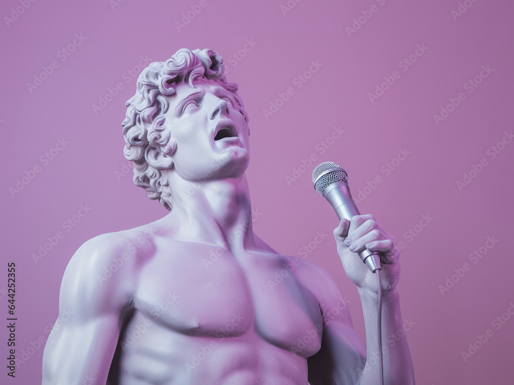 Antique sculpture of singing man holding microphone.