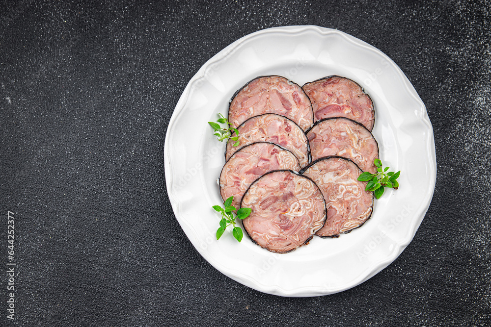 offal meat sausage pork Andouille pork stomach, pork neck, offal meal food snack on the table copy space food background rustic top view offal meat sausage pork Andouille pork stomach, pork neck, offal meal food snack on the table copy space food background rustic top view