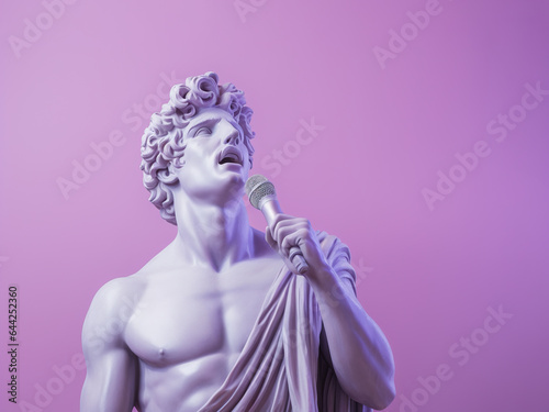 Antique sculpture of singing man holding microphone.