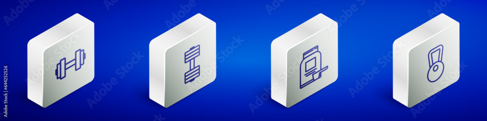 Set Isometric line Dumbbell, , Sports nutrition and Kettlebell icon. Vector Set Isometric line Dumbbell, , Sports nutrition and Kettlebell icon. Vector