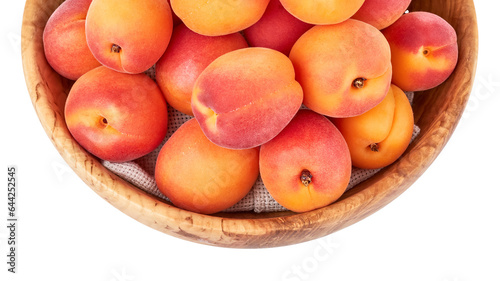 Fresh apricots in the wooden bowl still life of ripe fruits. Apricot Fruits isolated on white background. Vegan organic healthy food stillife. Top View. PNG