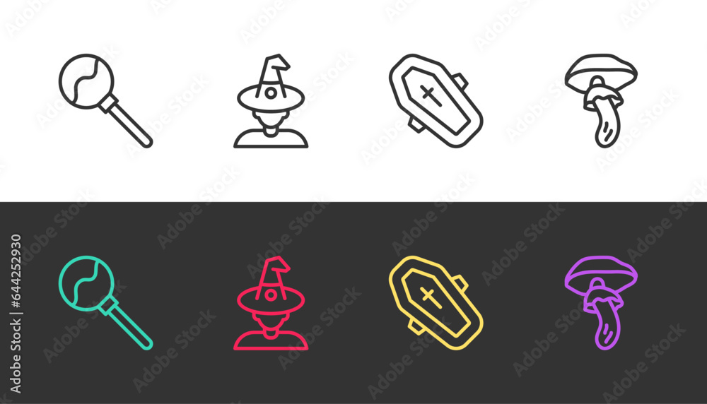 Set line Lollipop, Witch, Coffin with cross and Psilocybin mushroom on black and white. Vector Set line Lollipop, Witch, Coffin with cross and Psilocybin mushroom on black and white. Vector