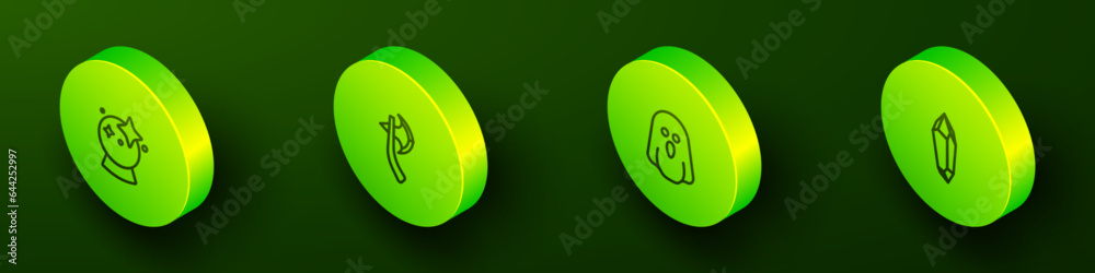 Set Isometric line Magic ball, Wooden axe, Ghost and stone icon. Vector Set Isometric line Magic ball, Wooden axe, Ghost and stone icon. Vector