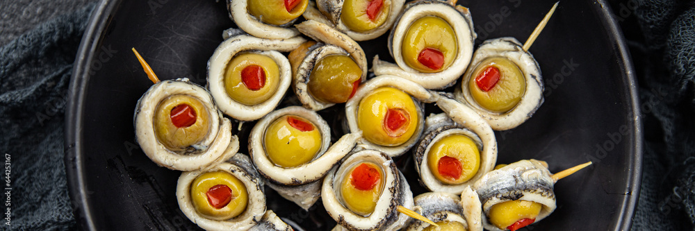 olive stuffed anchovy fillet, anchovys roll stuffed olives apetizing