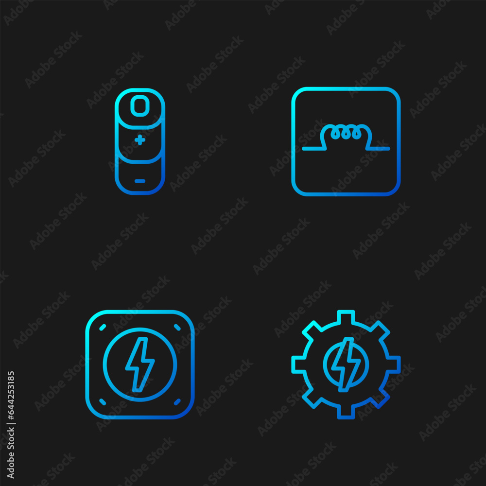 Set line Gear and lightning, Lightning bolt, Battery charge and Inductor electronic circuit. Gradient color icons. Vector Set line Gear and lightning, Lightning bolt, Battery charge and Inductor electronic circuit. Gradient color icons. Vector
