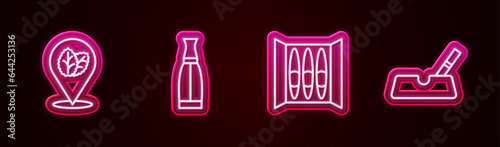 Set line Tobacco leaf, Vape liquid bottle, Cigar and Ashtray with cigarette. Glowing neon icon. Vector